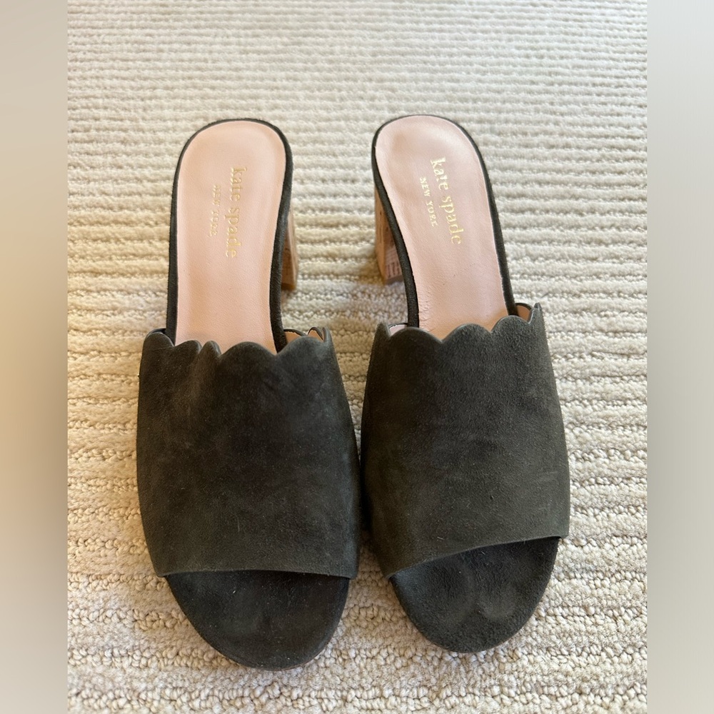 Kate Spade Warren Moss Green Scalloped Suede Mules